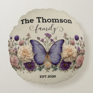 Vintage Blue Butterfly with Floral for Family Round Cushion