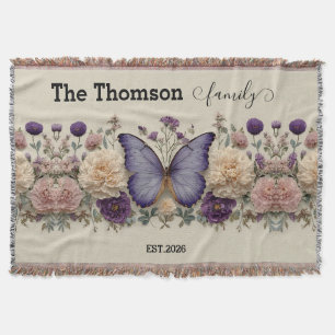 Vintage Blue Butterfly with Floral for Family Throw Blanket