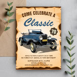 Vintage Blue Car Classic Birthday Invitation<br><div class="desc">Invite your guests with this vintage birthday party invite featuring a beautiful vintage car and retro typography against a parchment background. Simply add your event details on this easy-to-use template to make it a one-of-a-kind invitation. Flip the card over to reveal a rustic barn wood texture on the back of...</div>