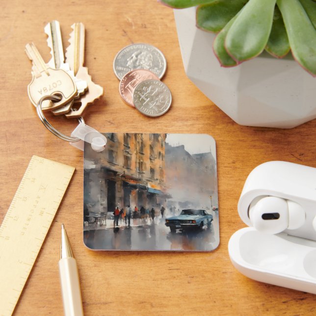 Vintage Blue Car in Foggy Cityscape Key Ring (Desk)