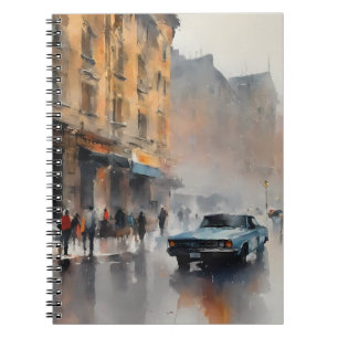 Vintage Blue Car in Foggy Cityscape  Notebook