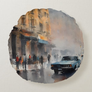 Vintage Blue Car in Foggy Cityscape Round Cushion