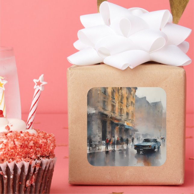 Vintage Blue Car in Foggy Cityscape Square Sticker (Party)