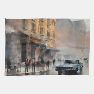 Vintage Blue Car in Foggy Cityscape Tea Towel