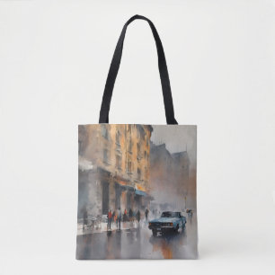 Vintage Blue Car in Foggy Cityscape Tote Bag