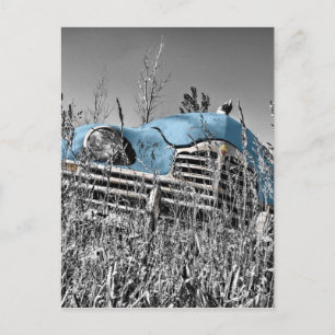 vintage blue car postcard