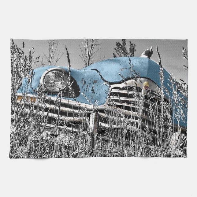 vintage blue car tea towel (Horizontal)