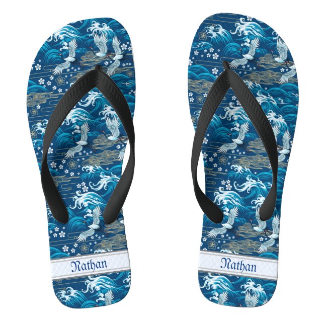 Vintage Blue Chinese Pattern Waves Cranes Clouds  Thongs (Footbed)