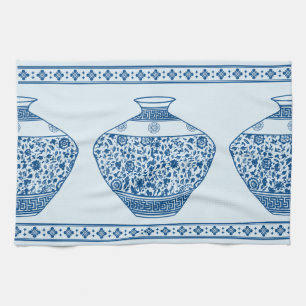 Vintage Blue Chinoiserie Ginger Jars Vases Tea Towel