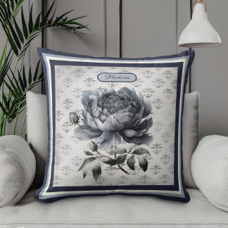 Vintage Blue Chinoiserie Toile Monogram Cushion