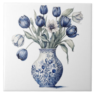 Vintage Blue Chinoiserie Tulip Vase Floral Art Ceramic Tile