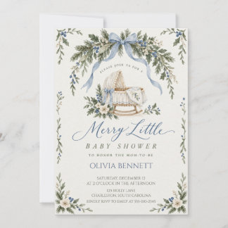 Vintage Blue Christmas Bassinet Baby Shower  Invitation