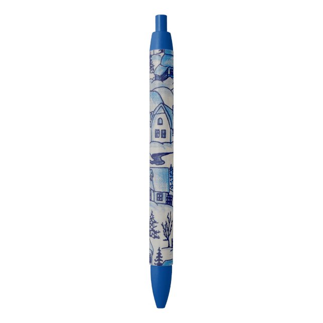 Vintage Blue Christmas Holiday Village Black Ink Pen (Front Vertical)