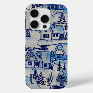 Vintage Blue Christmas Holiday Village iPhone 15 Pro Case