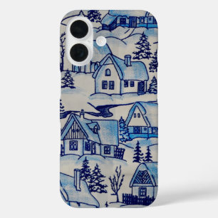 Vintage Blue Christmas Holiday Village iPhone 16 Case
