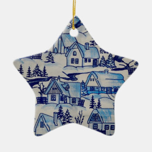 Vintage Blue Christmas Holiday Village Ceramic Ornament