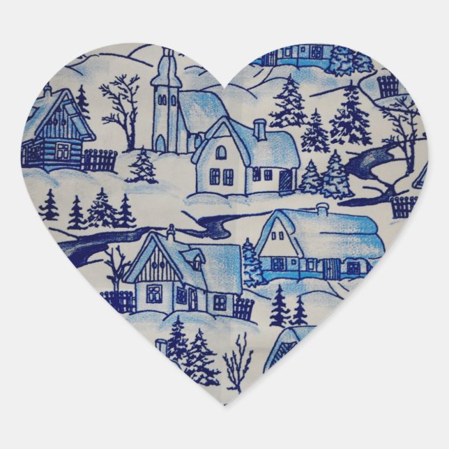 Vintage Blue Christmas Holiday Village Heart Sticker (Front)