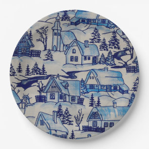Vintage Blue Christmas Holiday Village Paper Plate