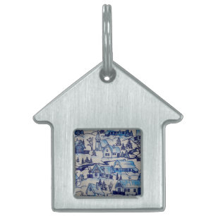 Vintage Blue Christmas Holiday Village Pet ID Tag