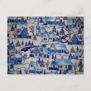 Vintage Blue Christmas Holiday Village Postcard