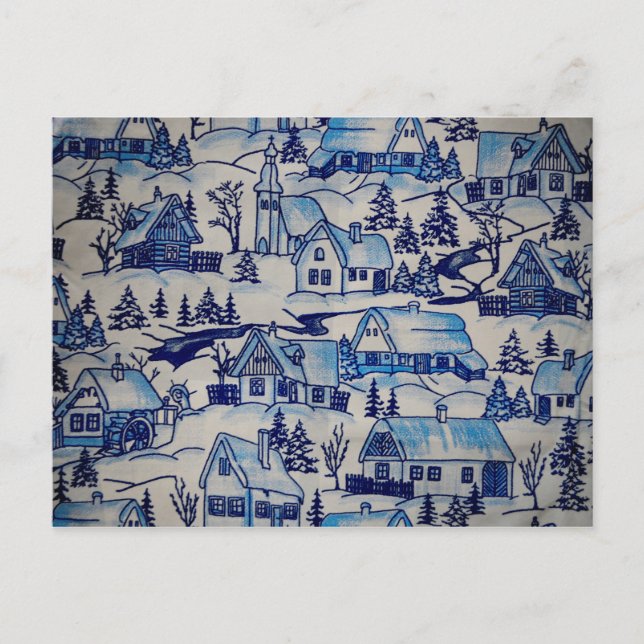 Vintage Blue Christmas Holiday Village Postcard (Front)