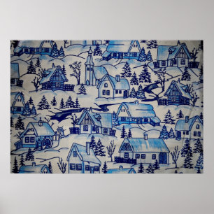 Vintage Blue Christmas Holiday Village Poster