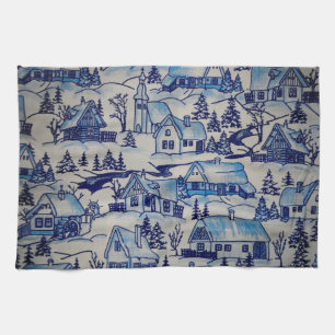 Vintage Blue Christmas Holiday Village Tea Towel