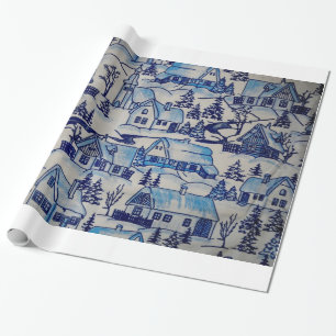 Vintage Blue Christmas Holiday Village Wrapping Paper