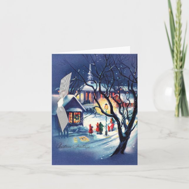 Vintage Blue Christmas Scene Card (Front)