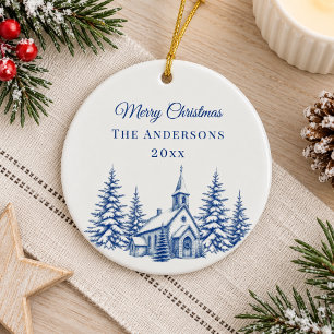 Vintage Blue Christmas Toile Church Ceramic Ornament
