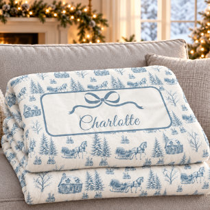 Vintage Blue Christmas Toile Horse Sleigh Bow Fleece Blanket