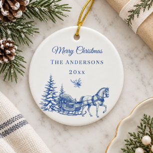 Vintage Blue Christmas Toile Horse Sleigh Ceramic Ornament