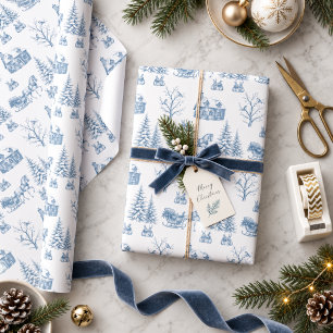 Vintage Blue Christmas Toile Horse Sleigh Wrapping Paper