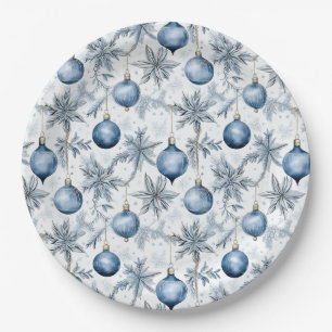 Vintage Blue Christmas Tree Ornaments Pattern Paper Plate