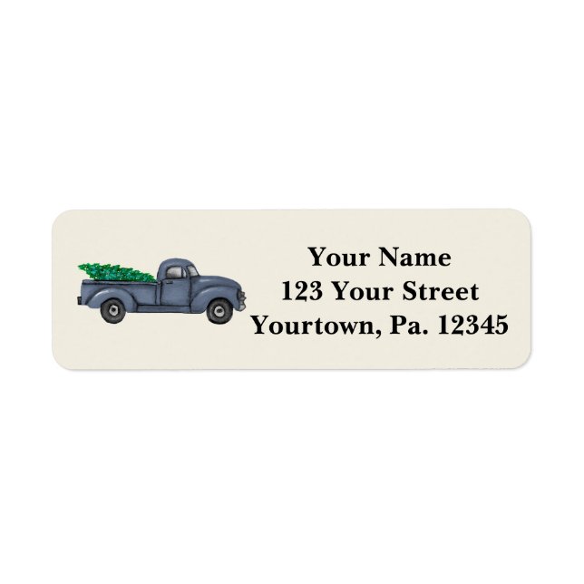Vintage Blue Christmas Tree Truck Address Labels (Front)
