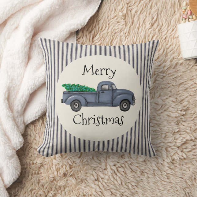 Vintage Blue Christmas Tree Truck Cushion (Blanket)
