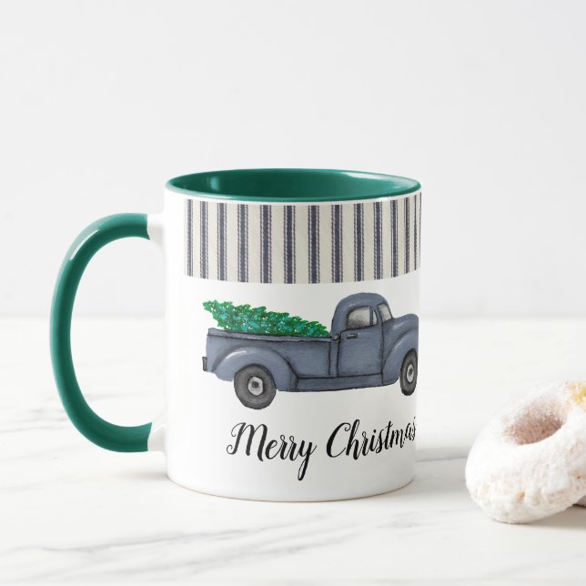 Vintage Blue Christmas Tree Truck Mug (With Donut)