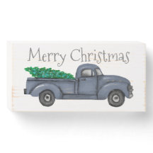 Vintage Blue Christmas Tree Truck Wood Art Sign