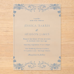 Vintage Blue Classic Elegance Floral Wedding Acrylic Invitations