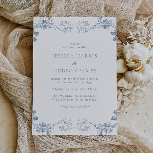 Vintage Blue Classic Elegance Floral Wedding Invitation (Creator Uploaded)