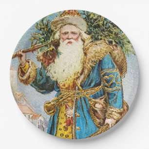 Vintage Blue Coat Santa Claus with Christmas Tree Paper Plate