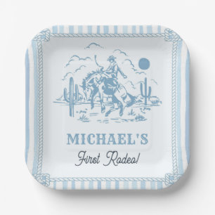 Vintage Blue Cowboy 1st Birthday Party Paper Plate