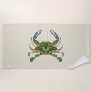 Vintage Blue Crab On A Cream Background Beach Towel
