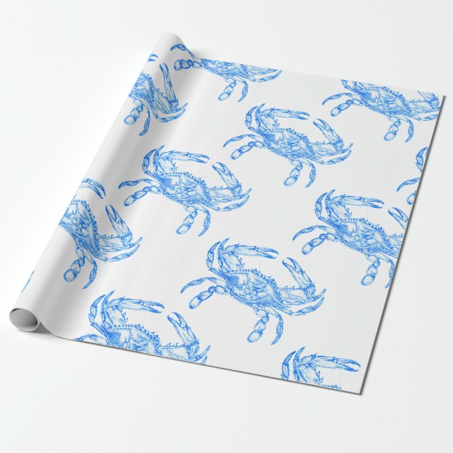 Vintage  blue  crab wrapping paper (Unrolled)