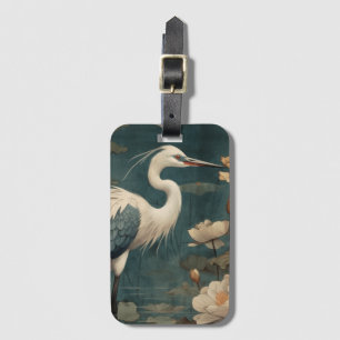 Vintage Blue Crane and Lotus Botanical Art Luggage Tag