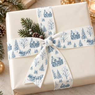 Vintage Blue Cream Christmas Toile Horse Sleigh Satin Ribbon