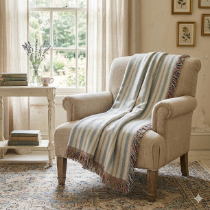 Vintage Blue & Cream Striped French Country Throw Blanket