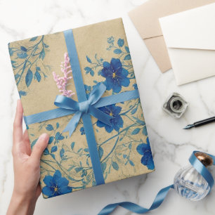 Vintage Blue Daisy Flower Ephemera pattern Wrapping Paper