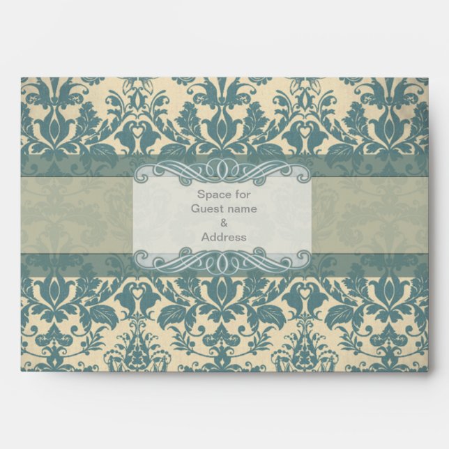 Vintage Blue Damask A7 Wedding Envelope (Front)