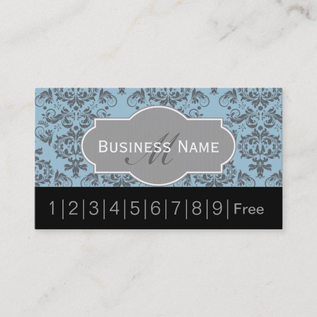 Vintage Blue Damask Hair Salon Loyalty Punch Card (Front)